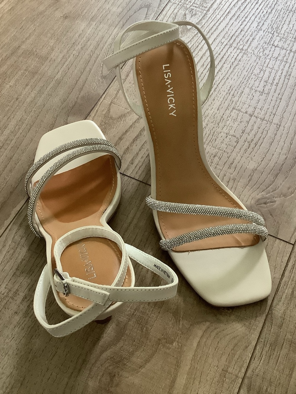Lisa Vicky White Rhinestone Strap Block Heel Sandals